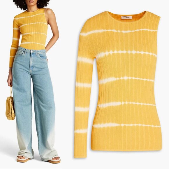 New Sandro Bali One-Sleeve Striped Ribbed Knit Top Sweater Asymmetrical Shirt - Picture 1 of 14